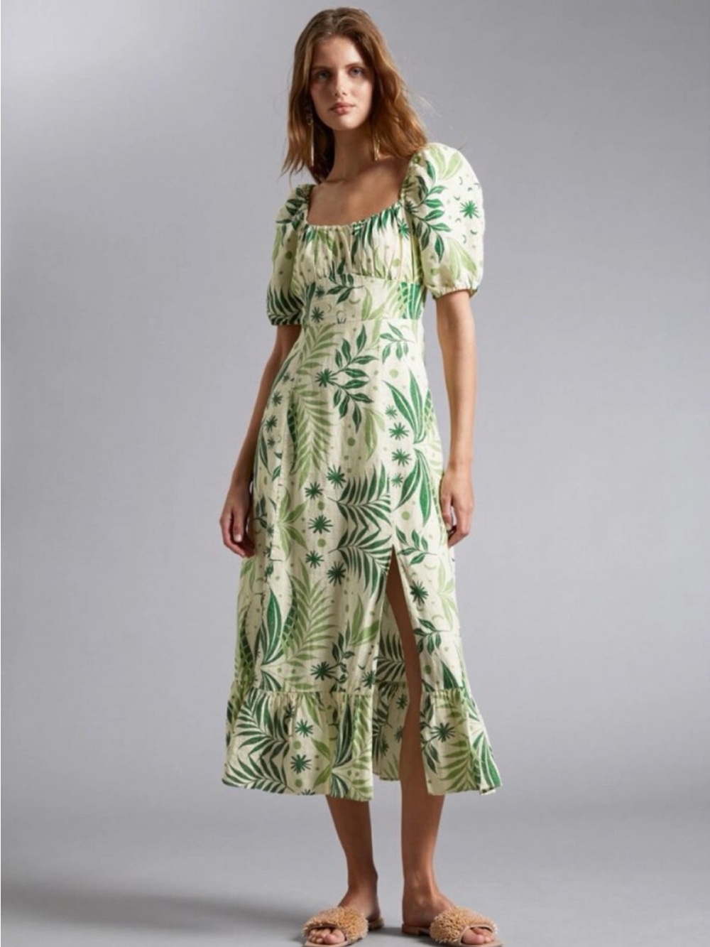 & Other Stories Puff Sleeve Linen Midi Dress in Green Floral